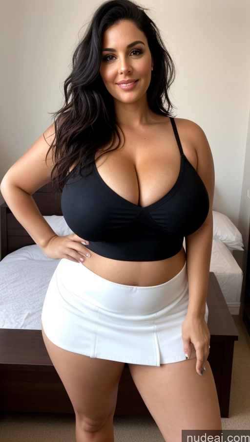 ai nude image of araffe woman in a black top and white skirt posing for a picture pics of Busty Sexy Face Black Hair Messy Portuguese Create An Open Vagina Mini Skirt Front View 40s Perfect Boobs Chubby Perfect Body