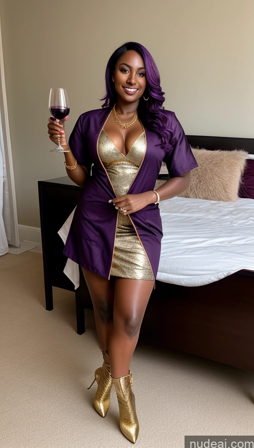 ai nude image of there is a woman in a purple dress holding a glass of wine pics of Dark Skin Nigerian Gold Jewelry Wine Two Purple Hair Tanned Skin Boots High Heels Nurse Lingerie Model