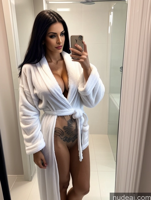 related ai porn images free for One Busty 30s Perfect Body Sexy Face Black Hair Long Hair Mirror Selfie Bathroom Front View Russian Big Ass Miss Universe Model Thick Tattoos Transparent Bathrobe Detailed