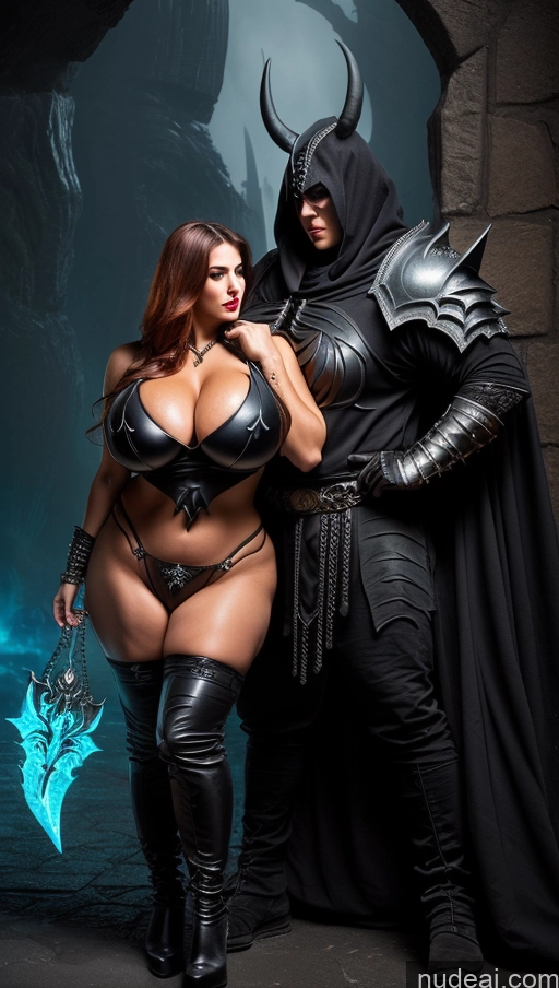 ai nude image of batman and sexy woman in leather costumes posing for a picture pics of Busty Huge Boobs Lipstick Big Ass Thick Chubby Big Hips Long Hair Arabic Front View Sexy Face Alternative Bright Lighting Death Knight Fantasy Armor Nude Hell Surrealist Ginger Seductive 30s Two Bodybuilder Skinny