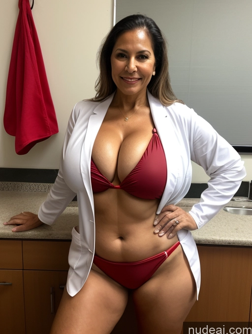 ai nude image of arafed woman in a red bikini posing in a bathroom pics of Milf One Busty Huge Boobs Tanned Skin Brazilian Front View Lab Coat Microkini Professor Thong 70s Santa