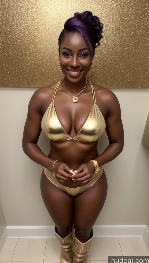 ai nude image of there is a woman in a gold bikini posing for a picture pics of Two Dark Skin Oiled Body Purple Hair Nigerian Boots High Heels Nurse Gold Jewelry Wine Pearl Jewelry Cleavage Happy Seductive Sexy Face