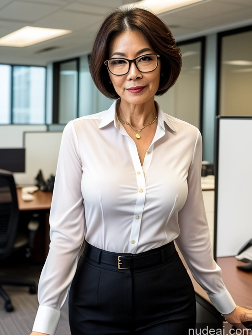 ai nude image of there is a woman in a white shirt and black pants pics of Milf Perfect Boobs Beautiful Glasses Perfect Body Short Hair 60s Chinese Office Blouse Casual Professor Stylish Suit Cleavage Dark Lighting Detailed Sexy Face