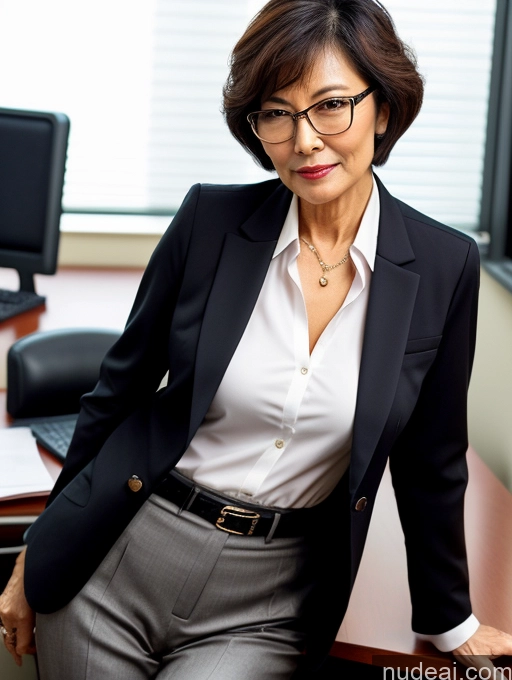 ai nude image of woman in black jacket and glasses sitting at a desk with a computer pics of Milf Perfect Boobs Beautiful Glasses Perfect Body Short Hair Chinese Office Blouse Casual Professor Stylish Suit Cleavage Dark Lighting Detailed Sexy Face 70s