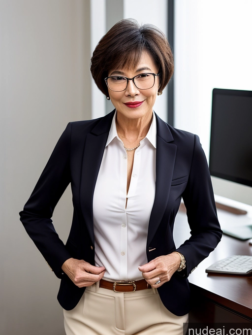 ai nude image of woman in business attire standing in front of a computer desk pics of Milf Perfect Boobs Beautiful Glasses Perfect Body Short Hair Chinese Office Blouse Casual Professor Stylish Suit Cleavage Dark Lighting Detailed Sexy Face 70s