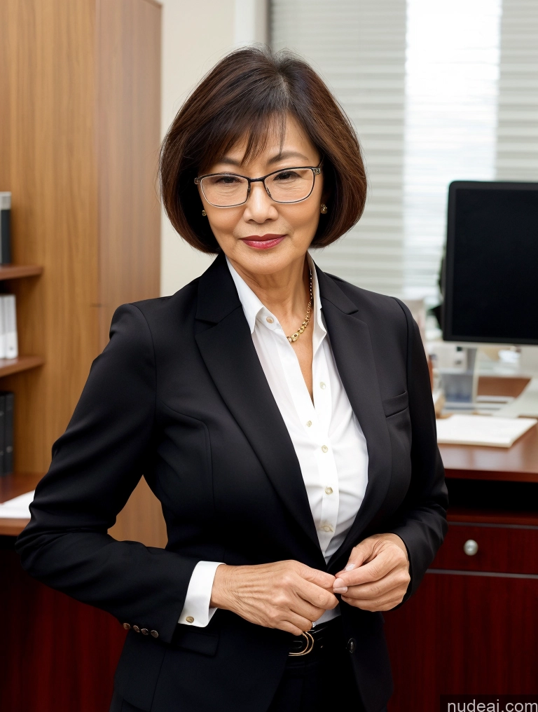 ai nude image of there is a woman in a suit and glasses standing in an office pics of Milf Perfect Boobs Beautiful Glasses Perfect Body Short Hair Chinese Office Blouse Casual Professor Stylish Suit Cleavage Dark Lighting Detailed Sexy Face 70s