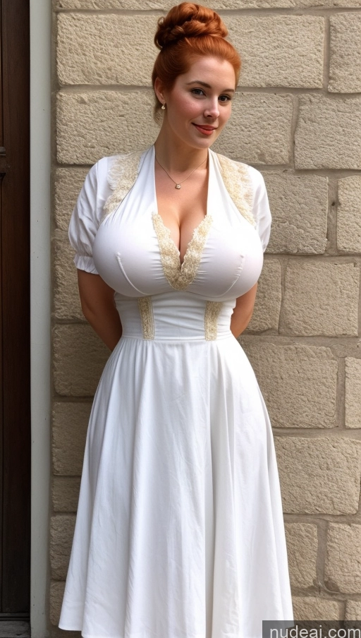 ai nude image of arafed woman in a white dress standing in front of a brick wall pics of Huge Boobs Perfect Body Big Ass Thick Big Hips Fairer Skin Traditional Perfect Boobs Dress Pubic Hair Hair Bun Irish Victorian 60s