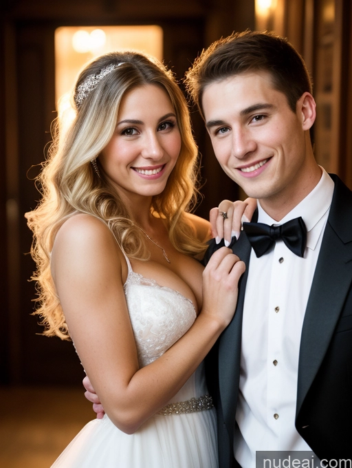 ai nude image of arafed young man and woman in formal attire posing for a picture pics of Small Tits Beautiful Skinny Long Hair 20s Serious Blonde White Soft + Warm Front View Wedding Cleavage Dark Lighting Detailed Woman + Man Two Happy