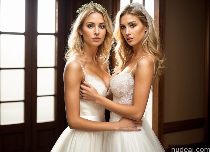 ai nude image of two beautiful women in wedding dresses posing for a picture pics of Woman Small Tits Beautiful Skinny Long Hair 20s Serious Blonde White Soft + Warm Front View Wedding Cleavage Dark Lighting Detailed Two