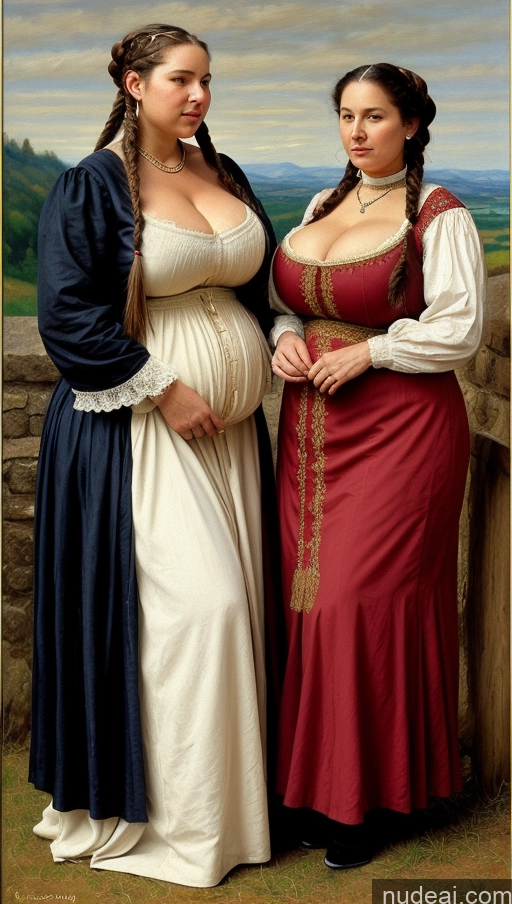 ai nude image of two women in renaissance dress standing next to each other pics of Milf Two Huge Boobs Perfect Boobs Big Ass Fat Long Legs Pubic Hair 50s Braided British Painting Front View Medieval Traditional Victorian Cleavage Hairy Women