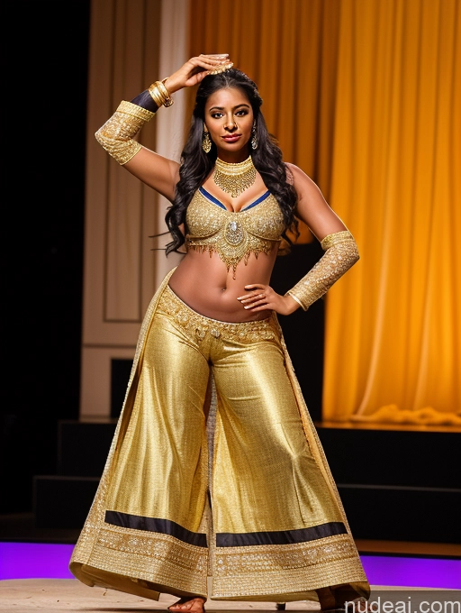 ai nude image of araffe dressed in a gold outfit on a stage pics of Indian Dark Skin One Perfect Body Oiled Body Black Hair Jewelry Bright Lighting Perfect Boobs Lipstick Gold Jewelry Traditional Diamond Jewelry Detailed Woman 20s Salwar T-pose Stage Seductive Hair Bun