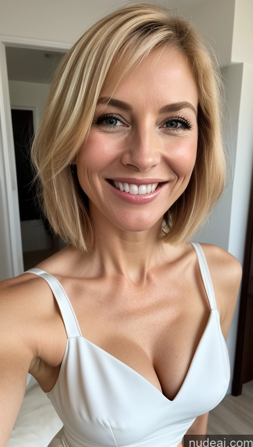 ai nude image of blond woman in white dress smiling at camera with white bed pics of Woman Skinny Perfect Body 50s Happy Blonde Bobcut Front View Suit Cleavage Detailed