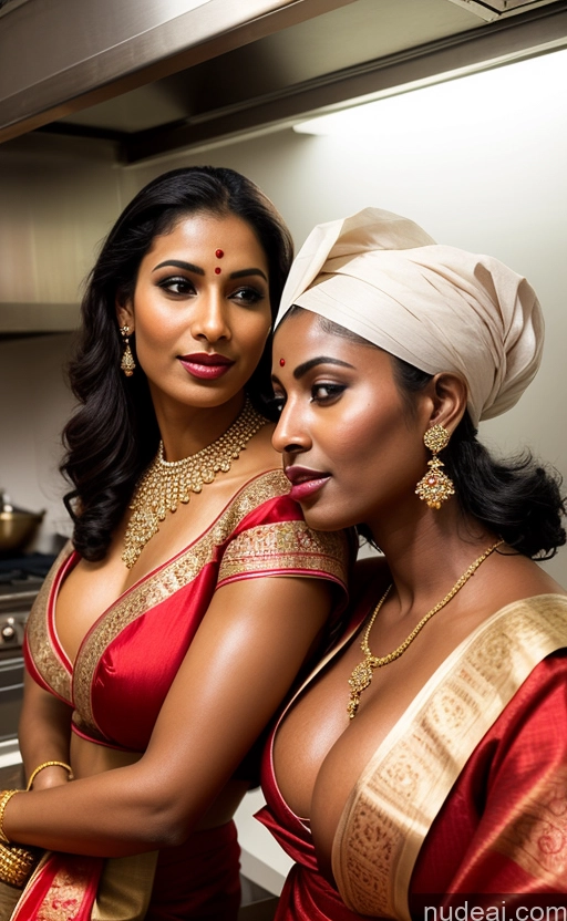 ai nude image of two women in red and gold outfits posing for a picture pics of Woman Two Busty Lipstick Perfect Body Dark Skin Oiled Body Sexy Face Indian Traditional Sari Bright Lighting Detailed Blouse Big Ass Kitchen Diamond Jewelry