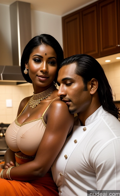 ai nude image of there is a man and woman in a kitchen posing for a picture pics of Two Dark Skin Oiled Body Sexy Face Indian Traditional Bright Lighting Detailed Blouse Big Ass Kitchen Diamond Jewelry Huge Boobs Woman + Man Thick 20s Seductive Underwear