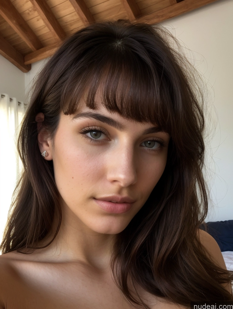 ai nude image of arafed woman with long brown hair and a white shirt pics of Model Small Tits Beautiful Skinny 18 Serious Brunette Bangs Jewish Bedroom Nude Close-up View Bright Lighting