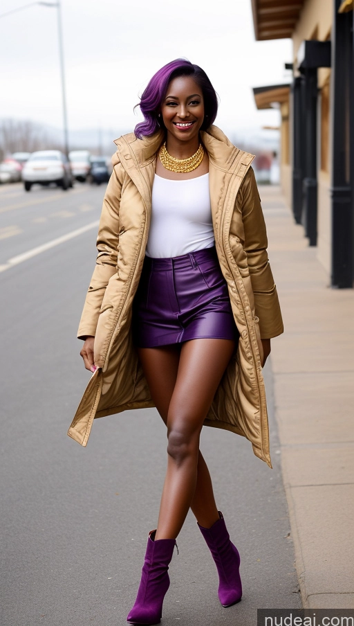 ai nude image of araffe woman in a tan coat and purple shorts walking down the street pics of Two Tanned Skin Dark Skin Happy Seductive Sexy Face Nigerian Boots High Heels Gold Jewelry Wine Purple Hair Skinny Small Ass Long Legs Parka