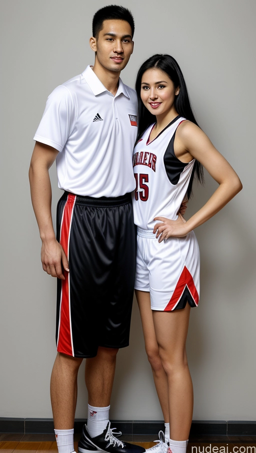 ai nude image of arafed man and woman in basketball uniforms posing for a picture pics of Woman + Man Small Tits Beautiful Big Ass Perfect Body Fairer Skin 20s Black Hair Indonesian Slicked Front View Basketball