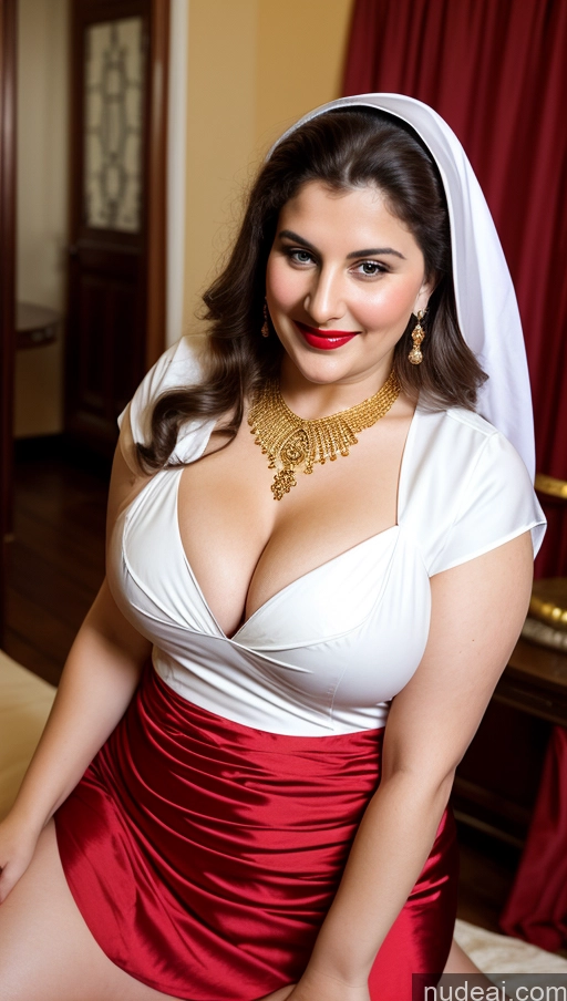 ai nude image of araffe woman in a red and white dress posing for a picture pics of Milf Busty Beautiful Lipstick Thick Chubby Big Hips Fat Fairer Skin 20s Happy Seductive Brunette Long Hair Russian Party Front View Straddling Sari Blouse Dirndl Victorian Cleavage Gold Jewelry Nun