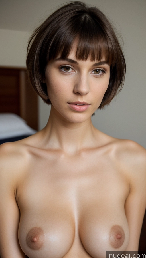 ai nude image of arafed woman with a very big breast posing for a picture pics of Model Perfect Boobs Beautiful Skinny 18 Serious Brunette Short Hair Russian Bedroom Nude Close-up View Bright Lighting