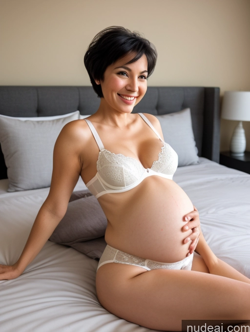 ai nude image of pregnant woman in white lingerie sitting on bed with white sheets pics of Small Tits Pregnant Happy Black Hair Pixie White 3d Bedroom Front View On Back Bra Panties Milf