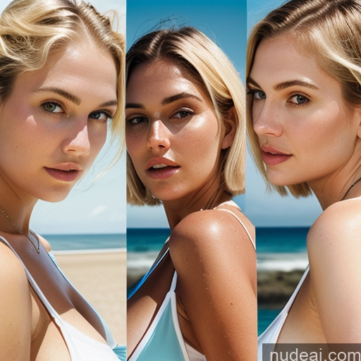 ai nude image of three women in white swimsuits posing for a picture on the beach pics of Busty Perfect Boobs Beautiful Big Ass Big Hips Fairer Skin 18 Blonde Bobcut Russian Film Photo Beach Close-up View Cleavage Transparent Detailed Sexy Face Better Swimwear Bikini Huge Tits, Hard Nipples