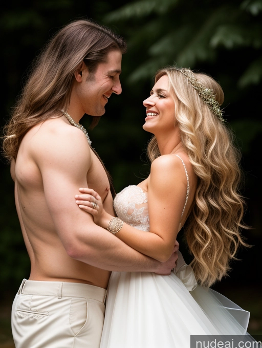 ai nude image of bride and groom in white wedding gowns embracing in forest pics of Woman + Man Two Small Tits Beautiful Skinny Long Hair 40s Happy Serious Blonde White Soft + Warm Wedding Cleavage Dark Lighting Detailed Back View