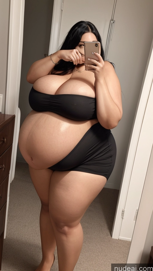 ai nude image of araffe woman in a black swimsuit taking a selfie in a mirror pics of Long Hair Pregnant Nude Belly Inflation, Cuminflation, Overeating Huge Boobs Chubby Thick Big Ass Short Fat Big Hips 80s Sexy Face Black Hair Mirror Selfie Dark Skin