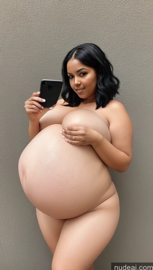 ai nude image of pregnant woman taking a selfie with her cell phone pics of Long Hair Pregnant Nude Belly Inflation, Cuminflation, Overeating Huge Boobs Chubby Thick Big Ass Short Fat Big Hips 80s Sexy Face Black Hair Mirror Selfie Dark Skin