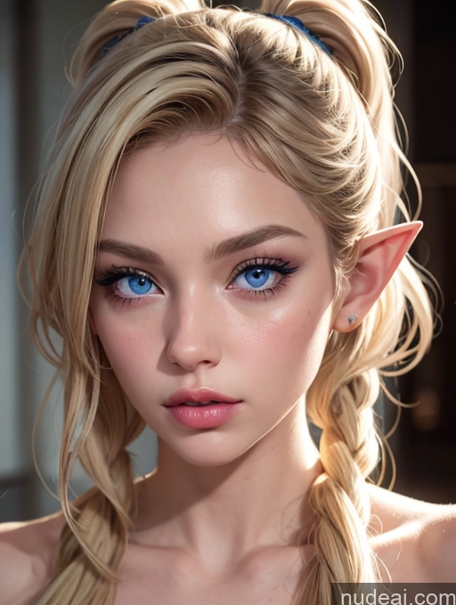 ai nude image of blond woman with blue eyes and a braided ponytail with a blue bow pics of Two 18 Pouting Lips Blonde Pigtails White Detailed School Hallway Deep Blue Eyes