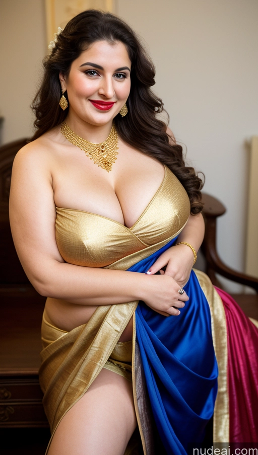 ai nude image of araffe woman in a gold and blue dress posing for a picture pics of Milf Busty Beautiful Lipstick Thick Chubby Big Hips Fat Fairer Skin 20s Happy Seductive Brunette Long Hair Russian Party Front View Straddling Sari Blouse Dirndl Victorian Cleavage Gold Jewelry