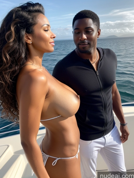 related ai porn images free for Busty Thick Long Legs Dark Skin 60s Curly Hair Black Hair African Woman + Man Yacht Side View T-pose Bikini Topless Wedding Rings