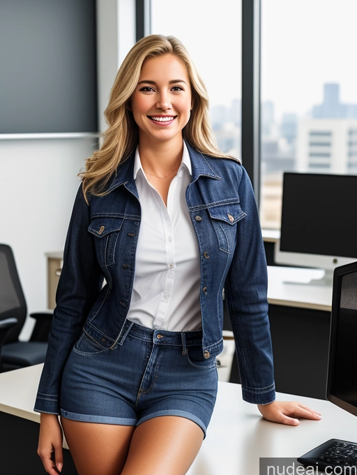 ai nude image of smiling woman in denim jacket and shorts sitting at desk in office pics of Woman One Small Tits 18 Happy Blonde Long Hair White 3d Office Front View Jeans Jacket Police