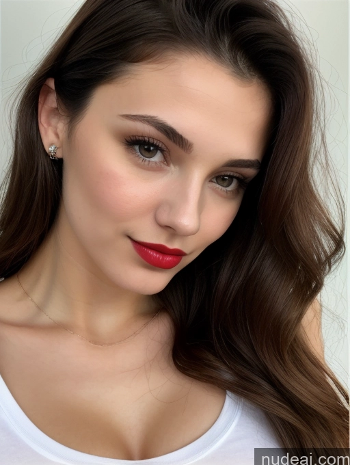 ai nude image of a close up of a woman with long brown hair wearing a white shirt pics of Small Tits Skinny Beautiful 18 Lipstick Straight Russian Close-up View Shirt Brunette