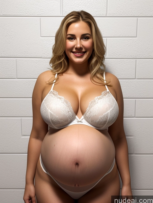 ai nude image of pregnant woman in white lingersuit posing for a picture in front of a white brick wall pics of Pregnant 18 Blonde Happy Long Hair White 3d Front View Spreading Legs Prison Lingerie Fat Big Hips Big Ass Milf