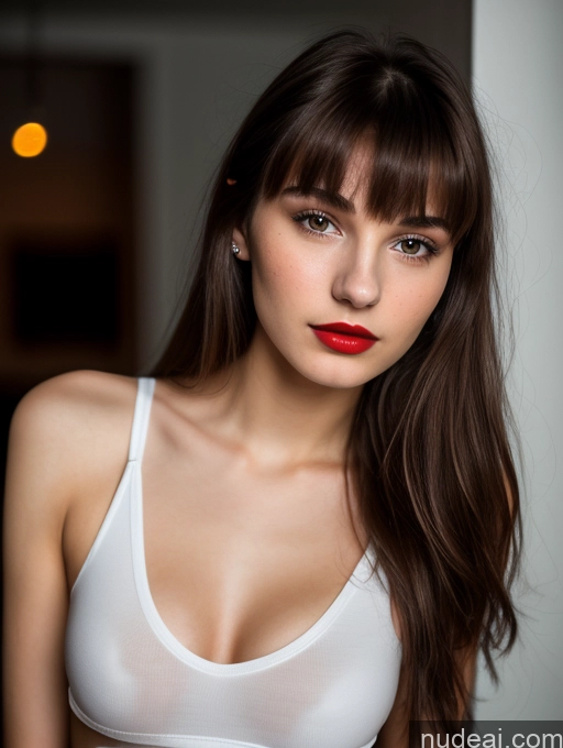 ai nude image of arafed woman with long brown hair and red lipstick posing for a picture pics of Small Tits Skinny Beautiful 18 Lipstick Russian Close-up View Shirt Brunette Dark Lighting Bangs