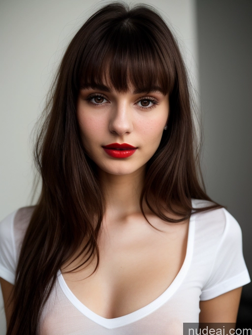 ai nude image of arafed woman with long brown hair and red lipstick posing for a picture pics of Small Tits Skinny Beautiful 18 Lipstick Russian Close-up View Shirt Brunette Dark Lighting Bangs