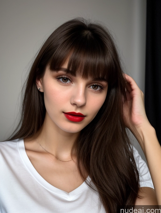 ai nude image of arafed woman with long brown hair and red lipstick posing for a picture pics of Skinny Beautiful 18 Lipstick Russian Close-up View Shirt Brunette Dark Lighting Bangs