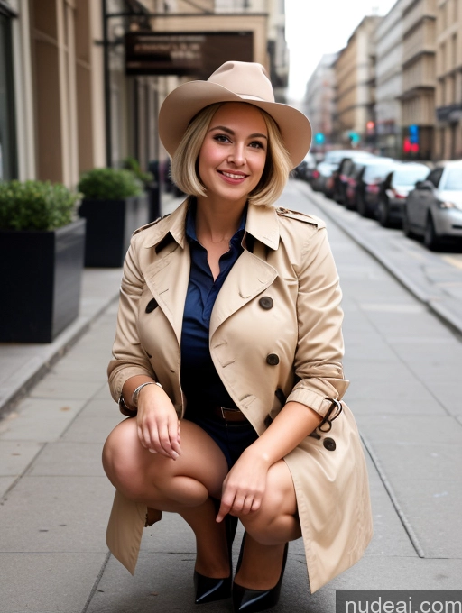 ai nude image of woman in trench coat and hat crouching down on sidewalk pics of Busty Huge Boobs Skinny 20s Blonde Short Hair Happy Hat Western Trench Coat High Heels Squatting Street