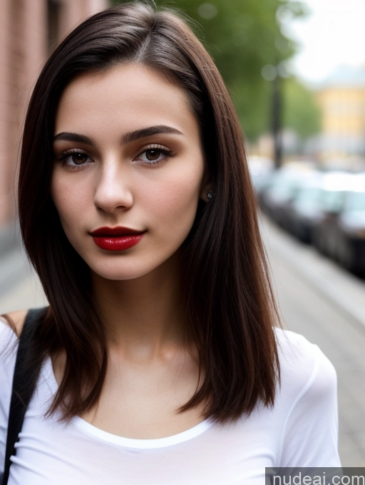 ai nude image of arafed woman with red lipstick and a white shirt on a city street pics of Skinny Beautiful 18 Lipstick Russian Close-up View Shirt Black Hair Small Tits Straight Street