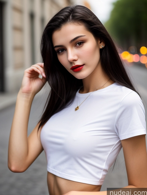 ai nude image of arafed woman in white shirt and red lipstick posing for a picture pics of Skinny Beautiful 18 Lipstick Russian Close-up View Shirt Black Hair Small Tits Straight Street