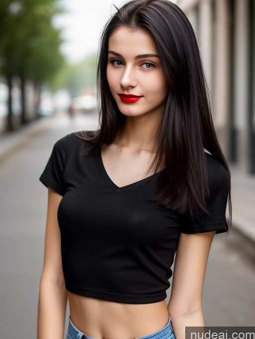 ai nude image of arafed woman with long black hair and red lipstick posing for a picture pics of Skinny Beautiful 18 Lipstick Russian Close-up View Shirt Black Hair Small Tits Straight Street