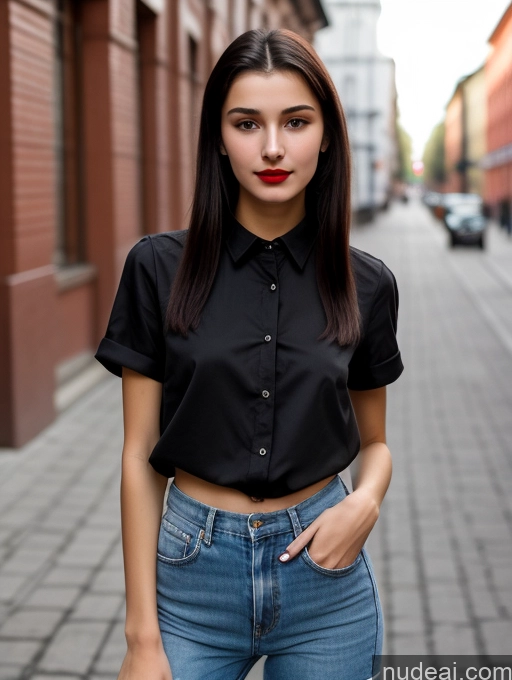 ai nude image of arafed woman in black shirt and jeans standing on a sidewalk pics of Skinny Beautiful 18 Lipstick Russian Close-up View Shirt Black Hair Small Tits Straight Street