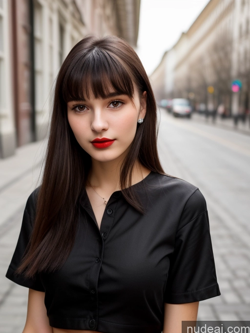 ai nude image of arafed woman with long hair and red lipstick standing on a street pics of Small Tits Beautiful Lipstick Skinny 18 Black Hair Bangs Russian Street Close-up View Shirt