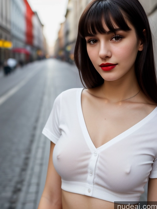 ai nude image of arafed woman with red lipstick and white shirt standing on a street pics of Small Tits Beautiful Lipstick Skinny 18 Black Hair Bangs Russian Street Close-up View Shirt