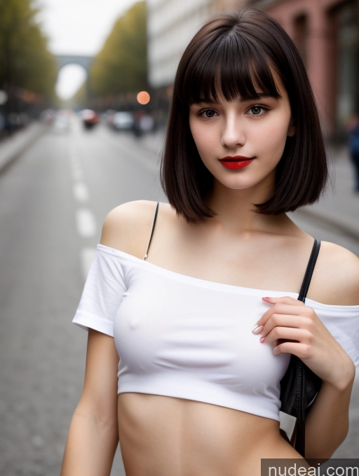 ai nude image of arafed woman with a white top and red lipstick posing for a picture pics of Small Tits Beautiful Lipstick Skinny 18 Black Hair Bangs Russian Street Close-up View Shirt