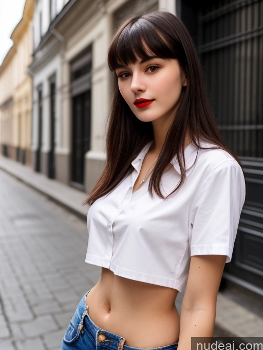 ai nude image of arafed woman in white shirt and jeans standing on a street pics of Small Tits Beautiful Lipstick Skinny 18 Black Hair Bangs Russian Street Close-up View Shirt