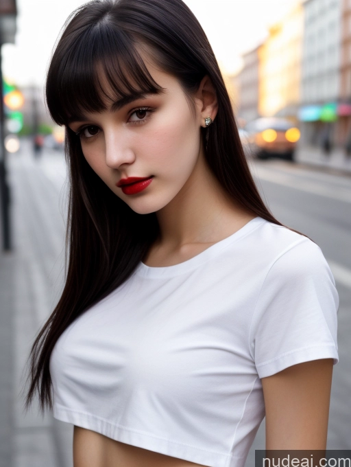 ai nude image of arafed woman with long hair and red lipstick standing on a city street pics of Small Tits Beautiful Lipstick Skinny 18 Black Hair Bangs Russian Street Close-up View Shirt