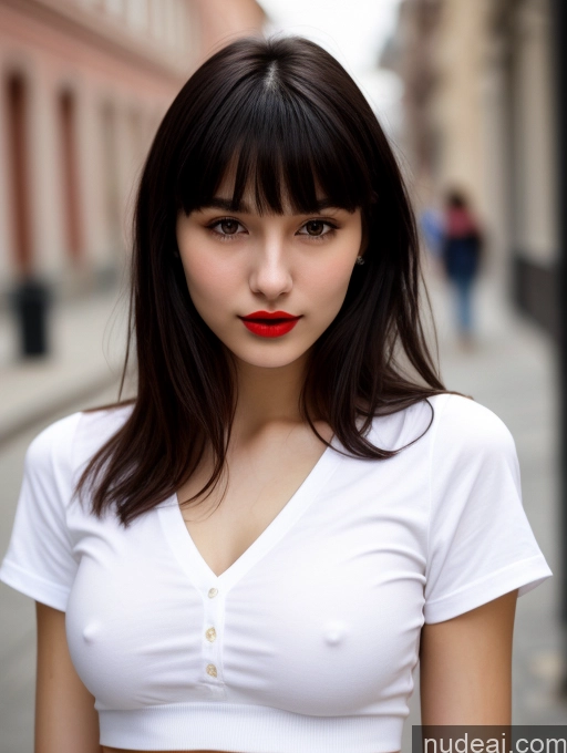 ai nude image of arafed woman with red lipstick and white shirt on a city street pics of Small Tits Beautiful Lipstick Skinny 18 Black Hair Bangs Russian Street Close-up View Shirt