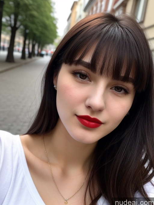 ai nude image of arafed woman with long brown hair and red lipstick posing for a picture pics of Small Tits Beautiful Lipstick Skinny 18 Black Hair Bangs Russian Street Close-up View Shirt