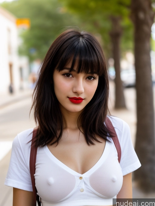 ai nude image of arafed woman with a white shirt and a brown bag pics of Small Tits Beautiful Lipstick Skinny 18 Black Hair Bangs Street Close-up View Shirt Spanish